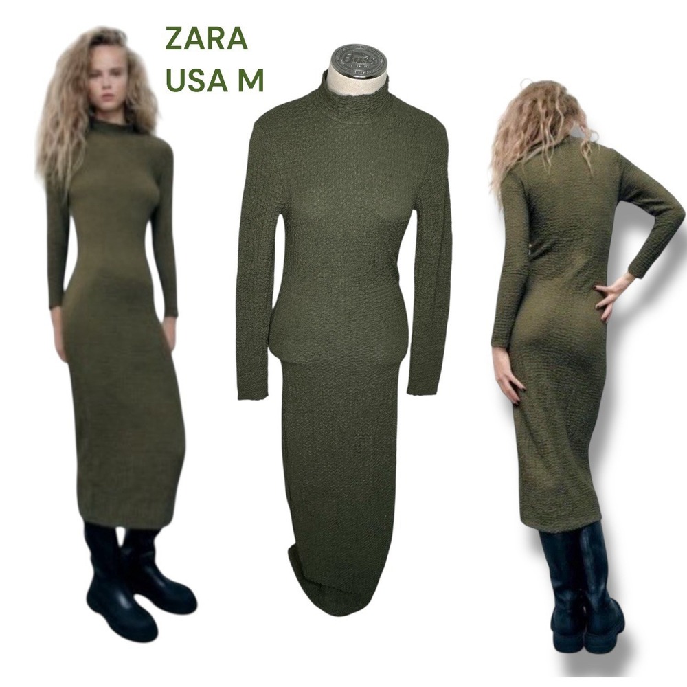 Zara Size S Textured Fitted Mock‎ Neck Dress Green Midi Bodycon Long Sleeve